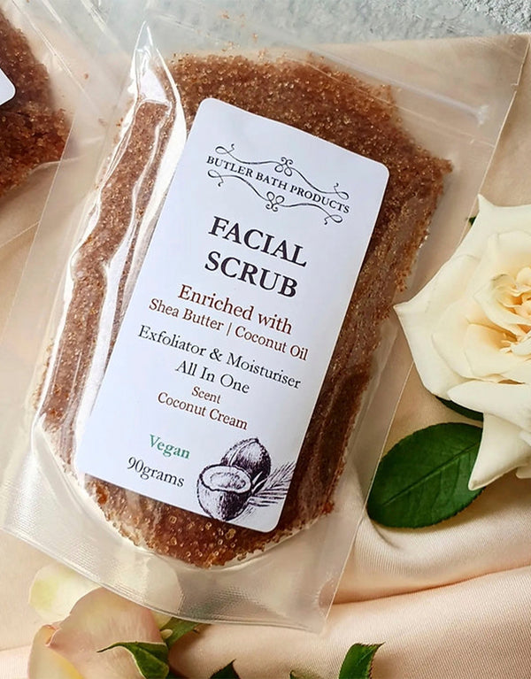 23Dreams Coconut Cream Facial Scrub. Our Facial Scrub is a superb formulation of natural ingredients that exfoliate your skin to a glowing, silky smooth finish. Removes dead skin cells from the top layer of your skin and opens clogged pores Made with Shea Butter and Coconut Oil - The ultimate hydration combination! Scents: Coconut Cream, a truly decadent dessert. Notes of coconut, caramel and hints of chocolate. Cruelty free and vegan Made in Australia.