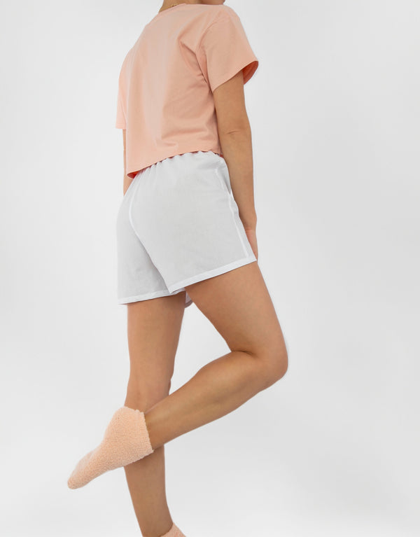 23Dreams Women's Cotton White Boxer Shorts & Coral Crop Top and matching fluffy socks Pyjama Set_back view