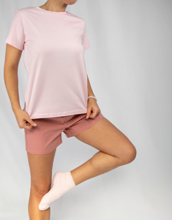 23Dreams Women's Relaxed Fit Woven Cotton Pyjama Set: Light Pink Short Sleeve Tshirt, Rose Boxer Shorts and baby pink fluffy socks, fairy floss hair coil on wrist