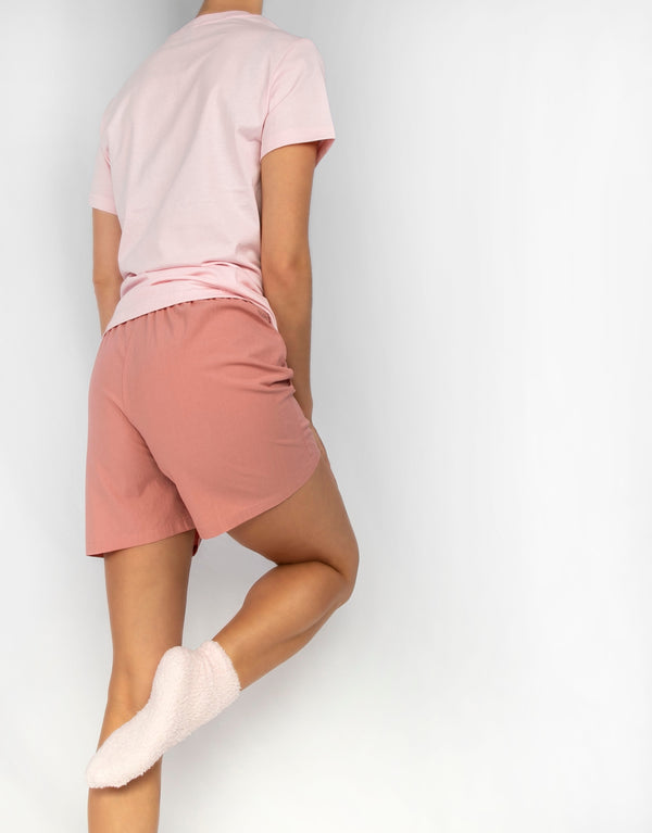 23Dreams Women's Relaxed Fit Woven Cotton Pyjama Set: Light Pink Short Sleeve Tshirt, Rose Boxer Shorts and baby pink fluffy socks_back view
