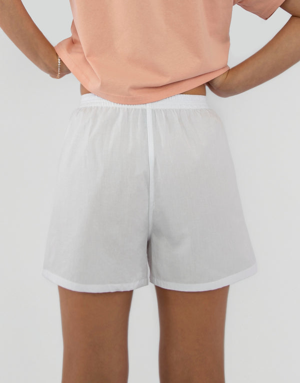 23Dreams back of Women's Cotton White Boxer Shorts & Coral Crop Top, model is wearing tennis diamante 18k gold plate bracelet
