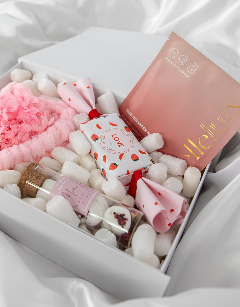 23Dreams Lunar Love Box | Curated Gift Box: Luxe Collagen Mask; Water Absorbent Cosmetic Microfiber Headband; Mini Love Bath Bomb Fizzies; Message in a Soap (Escape) - Love; Hydrangeas Bouquet Mini: Embrace the enchantment of blooming hydrangeas with this mini bouquet, a token of love and beauty.