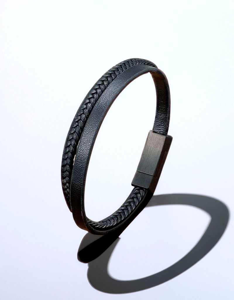23Dreams men's black genuine leather double-layer braid bracelet