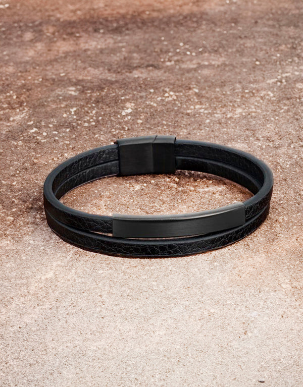 Men's Black Genuine Leather Double-layer Bracelet