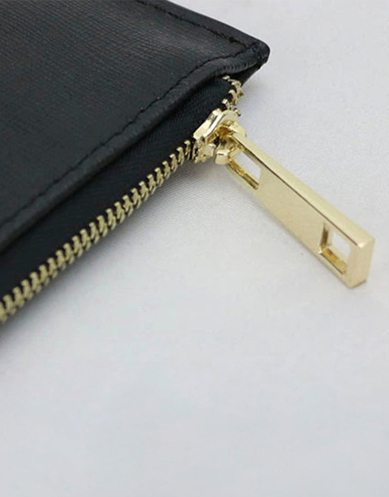 Saffiano Leather Zipper Clutch - Durable and Elegant - Black - Gold hardware