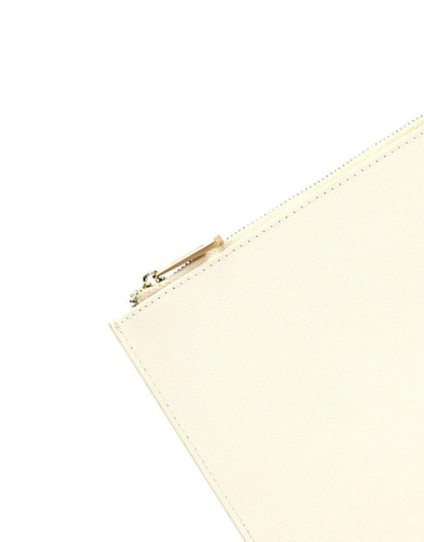 Saffiano Leather Zipper Clutch - Durable and Elegant - Creme - Gold hardware