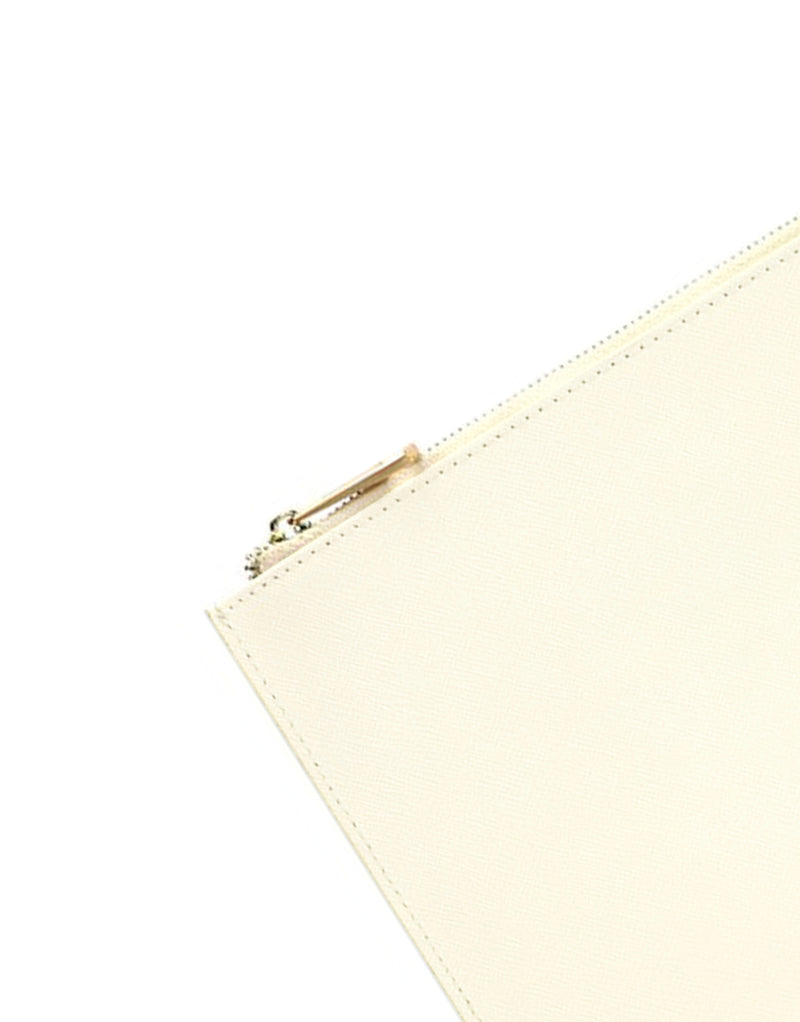 Saffiano Leather Zipper Clutch - Durable and Elegant - Creme - Gold hardware