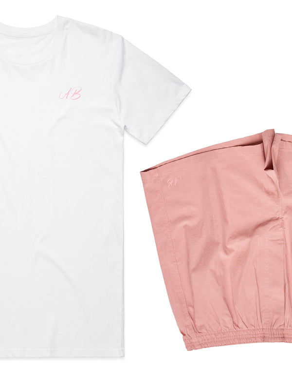 Men's Relaxed Fit Woven Cotton Pyjama Set - White on Rose