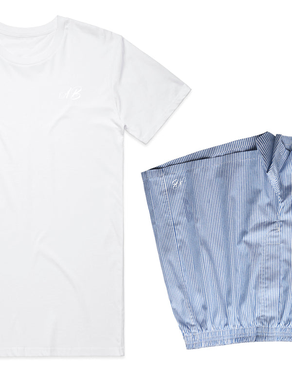 Men's Relaxed Fit Woven Cotton Pyjama Set - White on Blue