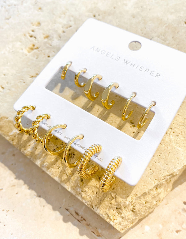 Set of gold plated earrings for stacking, Crafted from polished zinc alloy.