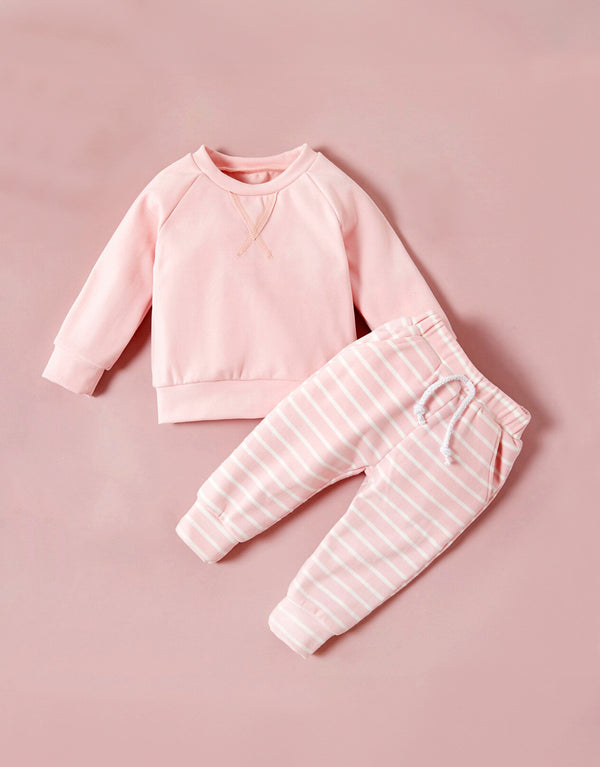 Striped Baby Set | Solid Top and Striped Pants | 2-Piece Set in Pink