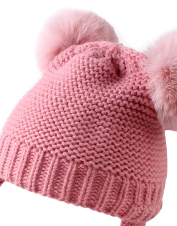 Double Pom Pom Tie Up Beanie for Baby and Toddler - Pink
