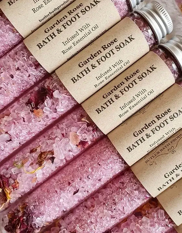 23DREAMS Bath & Foot Soak Tubes: Garden Rose: Dried botanicals include rose petals, calendula, and hibiscus petals. Infused with rose essential oils.