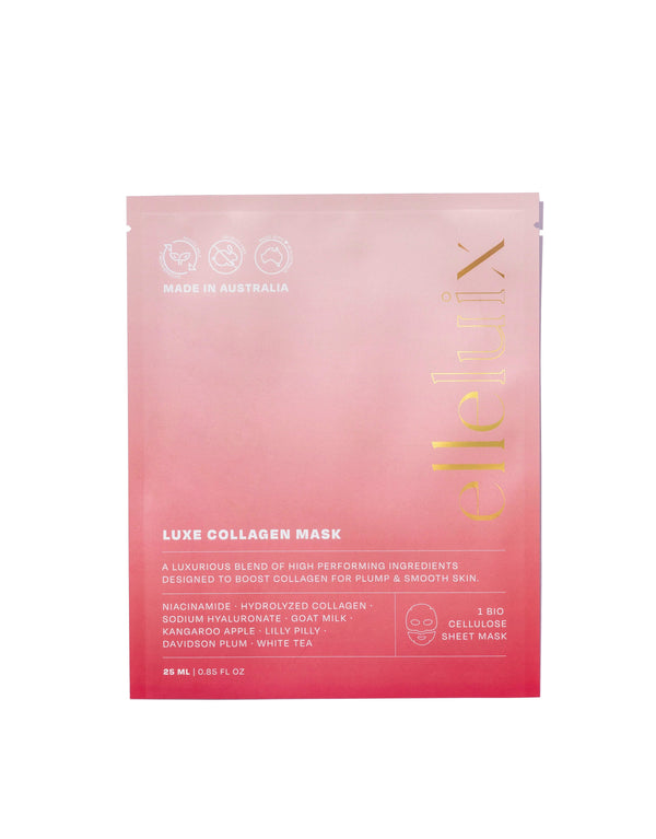 Luxe Collagen Mask in its pouch, ready for use.