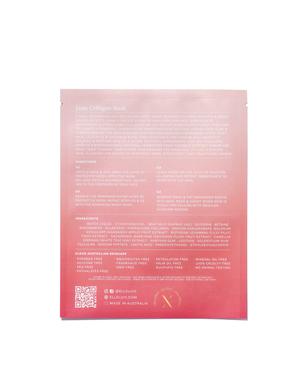Luxe Collagen Mask in its pouch, ready for use, highlighting its key ingredients.
