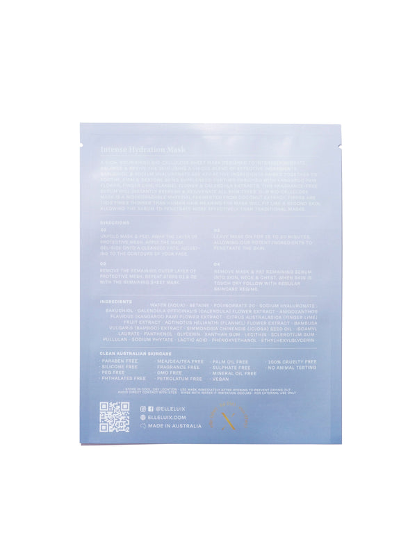 Intense Hydration Mask in its pouch, ready for use, highlighting its key ingredients.