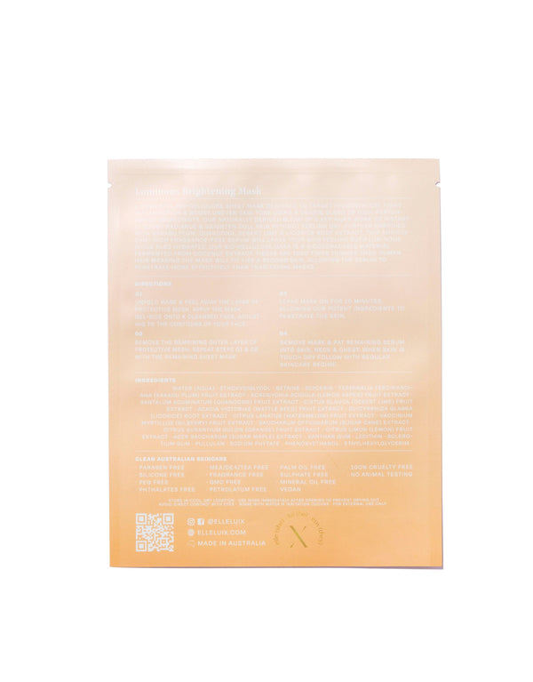 Luminous Brightening Mask in its pouch, ready for use, highlighting its key ingredients.