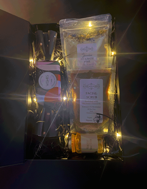 23Dreams Happy BDay Best Wishes Box | Curated Gift Box: -honey petite (100g) "happy bee day"; - coconut cream facial scrub - 90g; jasmine milk bath soak; - message in a soap: wishes; - fairy lights