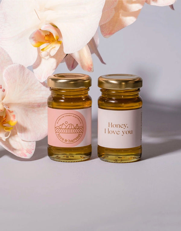 Honey Petite jar with "Honey, I love you" message and ethically sourced honey.