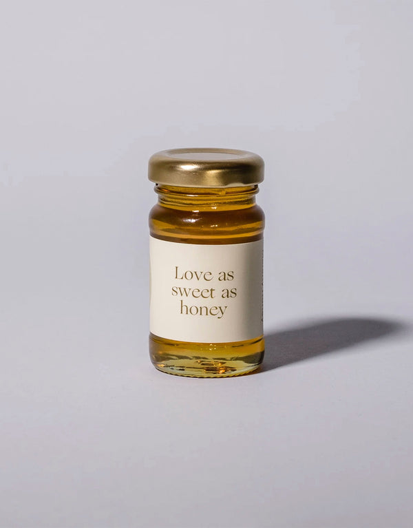 Honey Petite jar with "Love as sweet as honey" message.