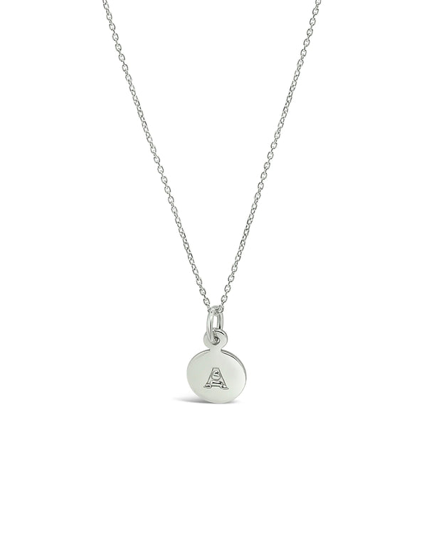 Silver letter A necklace on a white background.