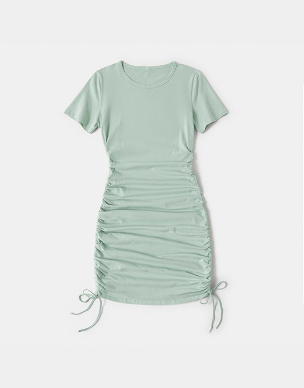 Drawstring Design Cotton Short Sleeve Mini Dresses for Mommy - Light Green
