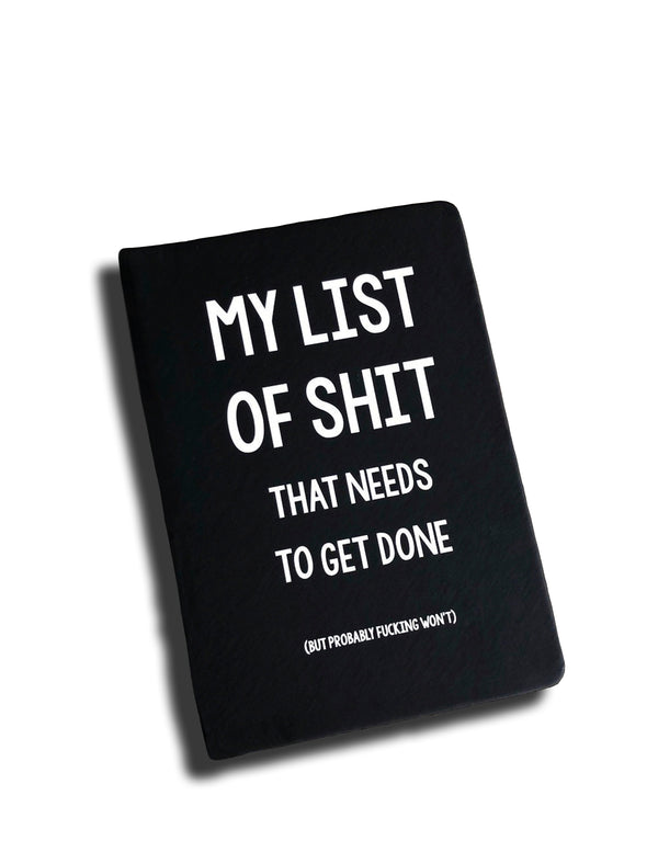 My List of Shit That Needs to Get Done Notebook with lined leaves and bookmark ribbon.