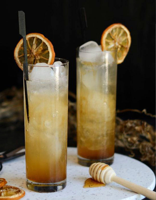 Image of cocktails garnished with a combination of dehydrated citrus wheels and honey