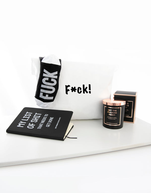 23dreams Unapologetically Rude Gift Set | Curated Gift Box: White Personalised Tote Bag; Set the Fucking Mood Candle; Fuck Off Tube Socks; My List of Shit Notebook