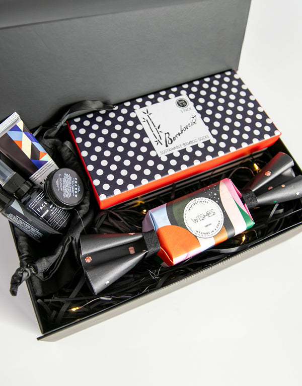 23Dreams spots, stripes & self-care gift box | curated gift box: - Mens Spots and Stripes 3PK - Message in a Soap Bonbon - Jetset Gift Pack soothing skin salve with Litsea, sea minerals & Aloe with Menthol 30ml; organic lip balm 12ml; face spritz with Witch Hazel & Botanicals 30ml; solid cologne concentrated formula 10ml; travel pouch black drawstring bag. - Gift Box (optional personalisation) - Gift Card (optional) - Fairy Lights