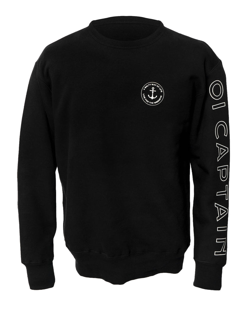 An effortless sweat to update your basic essentials with the Copeland Crew Neck Jumper.  This everyday easy to wear pullover offers an ultra soft feel.  The Copeland features classic fit features a crew neck, half moon back patch and is constructed with double-needle stitching at shoulder, neck, waistband & cuffs, crafted with spandex. Quality vinyl heat pressed Oi Captain Anchor logo on front chest "Salty way of life" and Oi Captain logo on left sleeve.