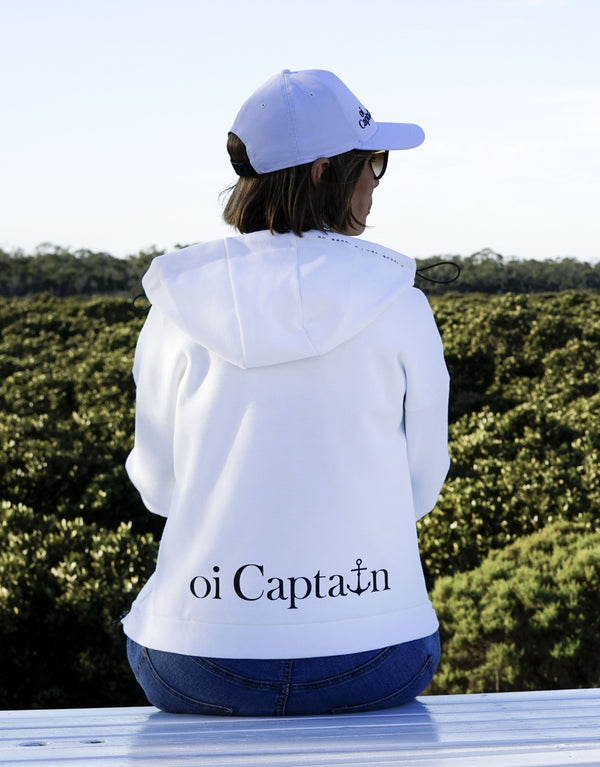 The Seascape Hoodie Jacket is an elevated style weekday to weekend hoodie, designed to take your leisurewear to the next level which is why it's one of our favourites.   Quality vinyl heat pressed Oi Captain logo on chest and back, small detail type latitude and longitude graphic on hood edge.  This high funnel neck and the overall design is crafted to make it unique. Premium cotton, this is a perfect addition for trendsetters' collection and anyone who wants to stand out from the crowd.