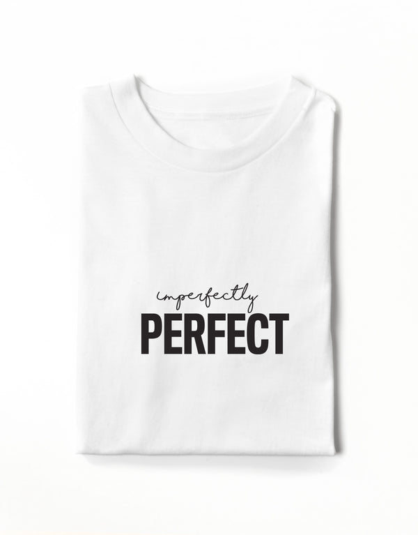 Imperfectly Perfect Tee is available in a range of colours.  Finished with 100% cotton preshrunk jersey knit, set-in rib collar with shoulder-to-shoulder taping, double needle sleeve and bottom hems. Quality vinyl heat pressed printed on front chest.  This is your go-to tee to pair with high waisted leggings, jeans or to use as a layering piece.