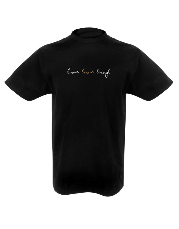 Live Love Laugh Tee is available in a range of colours.  Finished with 100% cotton preshrunk jersey knit, set-in rib collar with shoulder-to-shoulder taping, double needle sleeve and bottom hems. Quality vinyl heat pressed printed on front chest.  This is your go-to tee to pair with high waisted leggings, jeans or to use as a layering piece.