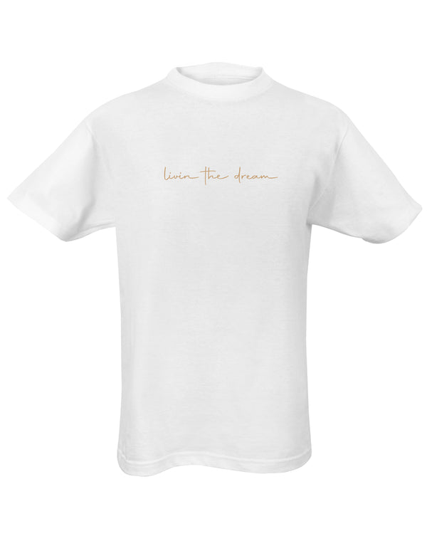 Livin The Dream Tee is available in a range of colours, for him and for her to wear.  Finished with 100% cotton preshrunk jersey knit, set-in rib collar with shoulder-to-shoulder taping, double needle sleeve and bottom hems. Quality vinyl heat pressed printed on front chest.  This is your go-to tee to pair with jeans or to use as a layering piece.