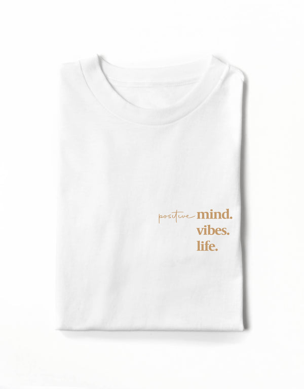 Positive Vibes Tee is available in a range of colours, for him and for her to wear.  Finished with 100% cotton preshrunk jersey knit, set-in rib collar with shoulder-to-shoulder taping, double needle sleeve and bottom hems. Quality vinyl heat pressed printed on front chest.