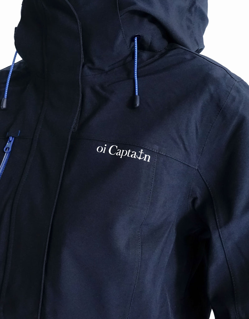 Invest in statement outerwear this season with the Caravela Waterproof Shell Jacket.   Perfectly fusing classic contemporary fashion and functionality, this must-have waterproof functional shell jacket is constructed with high abrasion resistant fabric on elbows and lower back. Zip under armhole for better ventilation. Sleeve pocket, front pocket, chest pocket and inner pocket. Quality vinyl heat pressed Oi Captain logo on front chest and latitude and longitude graphic on back.