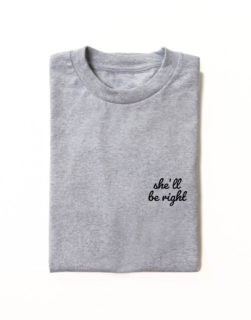 This Aussie Iconic She’ll Be Right Tee is available in a range of colours, for him and for her to wear.  Finished with 100% cotton preshrunk jersey knit, set-in rib collar with shoulder-to-shoulder taping, double needle sleeve and bottom hems. Quality vinyl heat pressed printed on front chest.  This is your go-to tee to pair with jeans or to use as a layering piece.