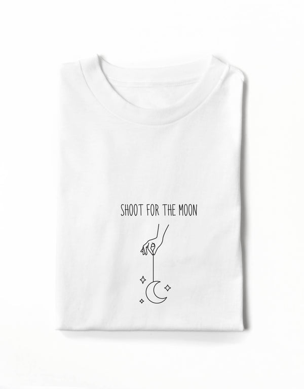 Shoot For The Moon Tee is available in a range of colours.  Finished with 100% cotton preshrunk jersey knit, set-in rib collar with shoulder-to-shoulder taping, double needle sleeve and bottom hems. Quality vinyl heat pressed printed on front chest.  This is your go-to tee to pair with high waisted leggings, jeans or to use as a layering piece.